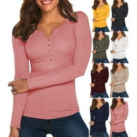 Žene Ležerne prilike V-izrez dugih rukava punog boja, pleteni Henley vrat dugme niz vitke bluze