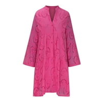 Čipka s dugim rukavima V-izrez Čvrsta gumba Patchwork izdubljena vruće ružičaste moderne haljine za žene