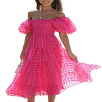 Sprifallbaby ženska ljetna Ležerna haljina A kroja kratki puf rukav s ramena Midi karirana haljina S-XL