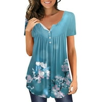 Pxiakgy majice za žene Žene vrhovi cvjetni uzorak Sakrij stomak tunika kratki rukav majice ljeto Henley slatka Tshirt Dressy Casual bluze svijetlo plava+L