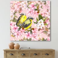 Designart 'Birds On Pink Cherry Sakura and Apple Flowers I' tradicionalni Canvas Wall Art Print