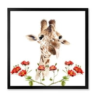 Designart 'portret Žirafe sa crvenim cvijećem I' seoska kuća uokvirena umjetnička štampa